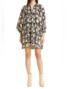 Mille Black Cream Block Print Daisy Long Sleeve Mini Dress Cotton M